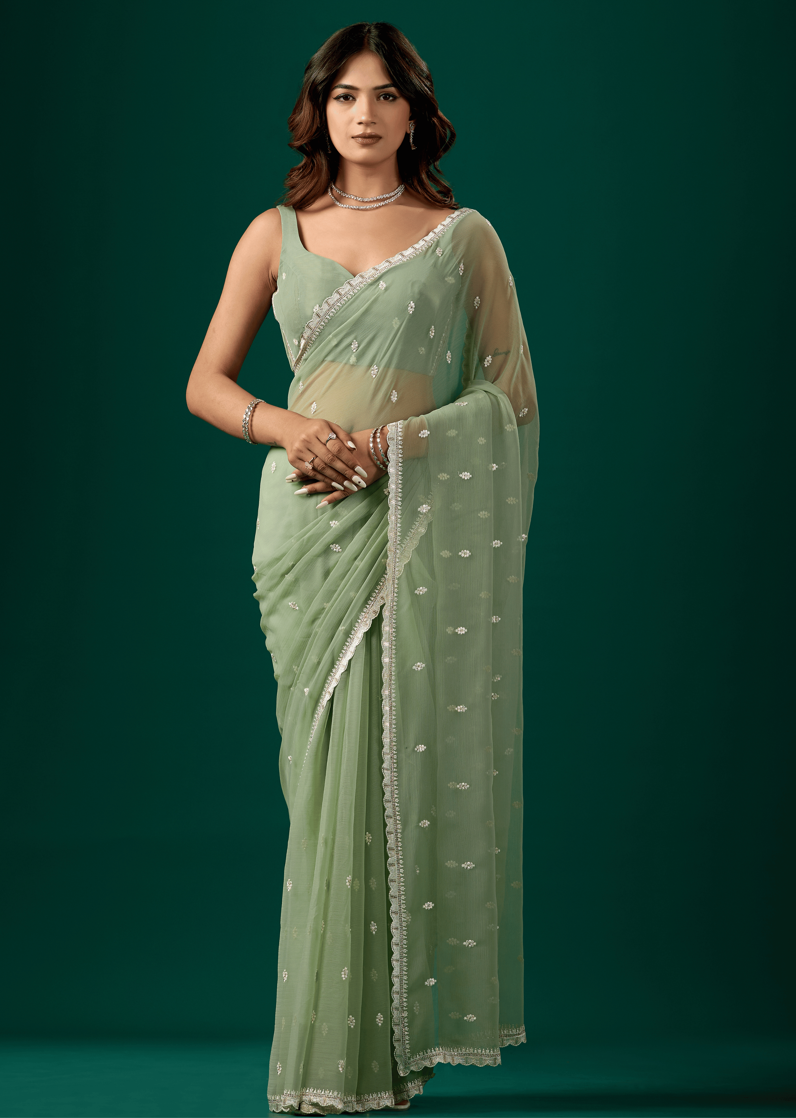 Pista Green Chiffon Saree With Floral Embroidery