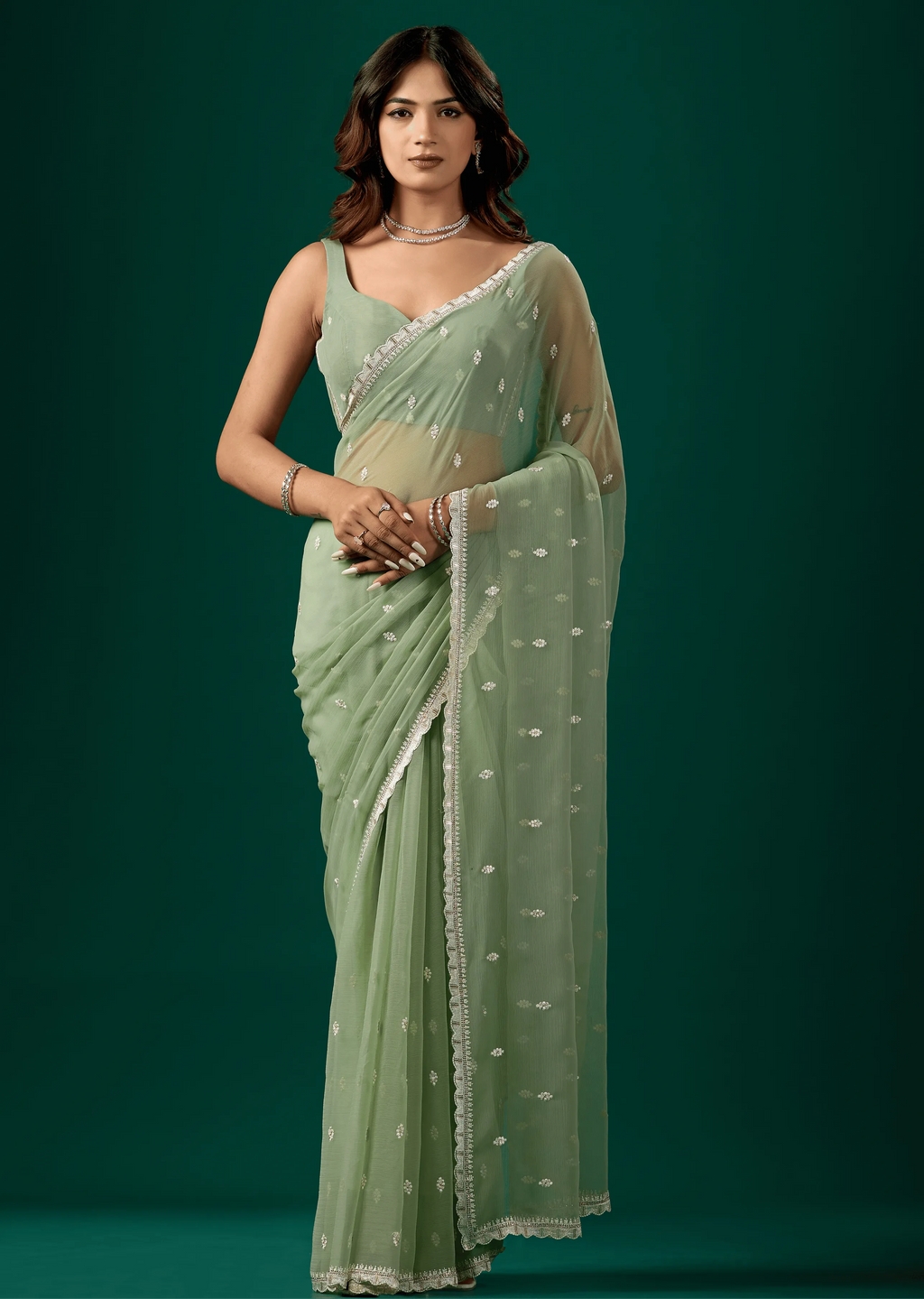 Pista Green Chiffon Saree Standing Look - Festive Wear Saree