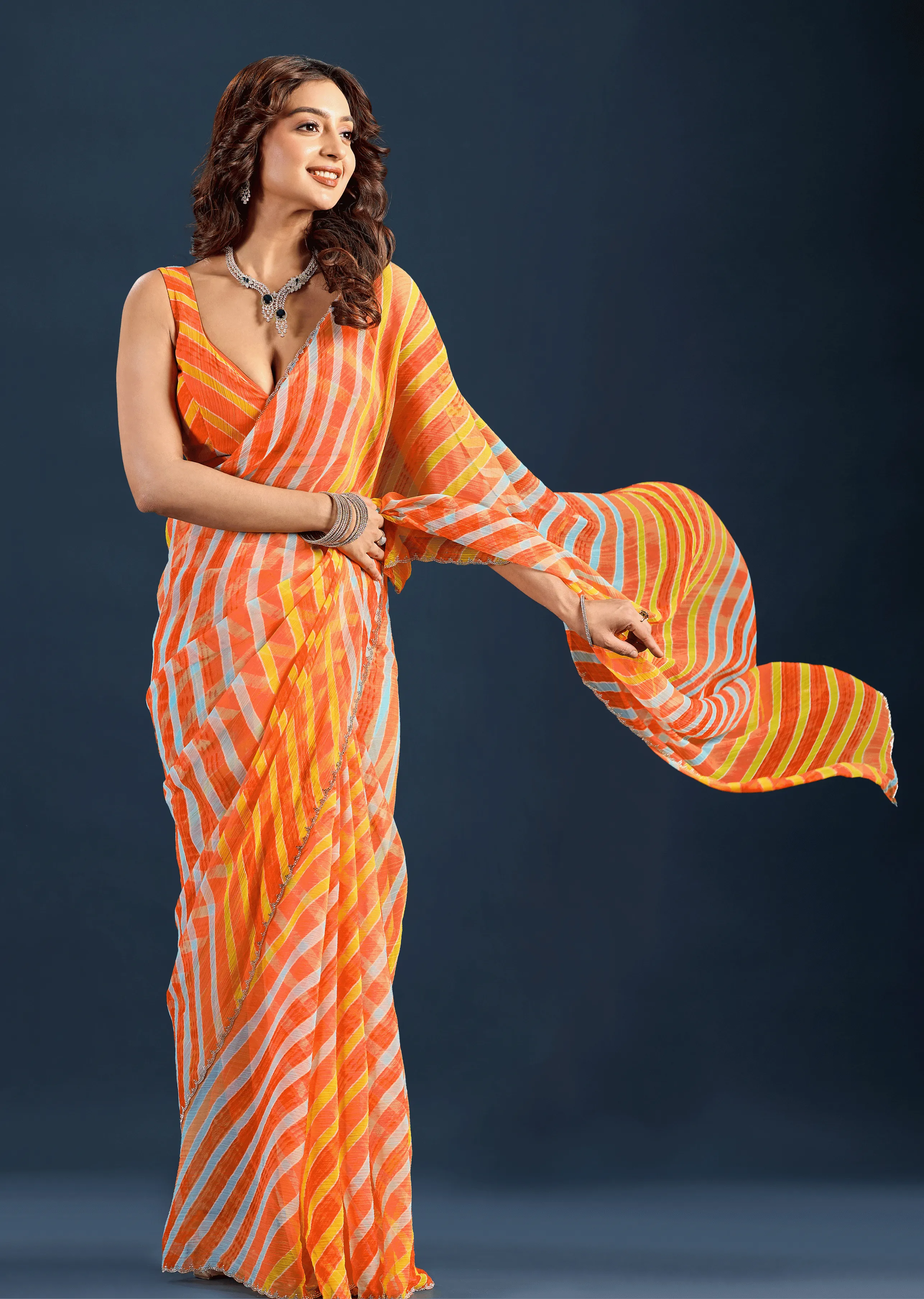 Orange Chiffon Saree Close Up Pose - Casual Functions Wear