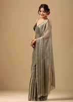 Sage Green Jacquard Saree With Crystal Stone Border - Photo 6 | Buy Online Ethnic9