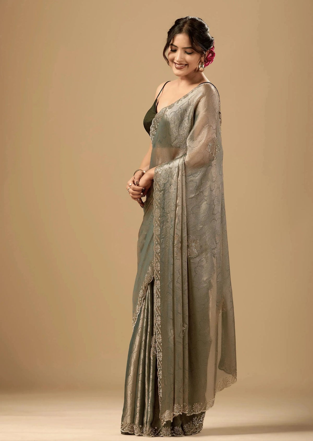 Sage Green Jacquard Saree With Crystal Stone Border - Photo 6 | Buy Online Ethnic9