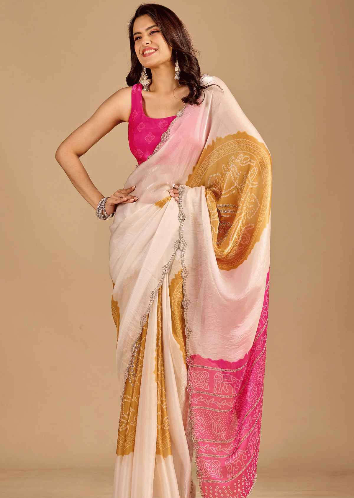  Pink Organza Silk Saree With Printed Pallu - Front Look | Buy On Ethnic9