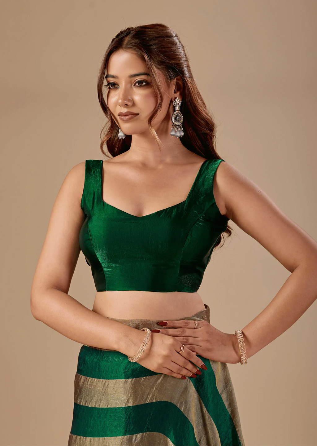 Emerald Green Tissue Silk Saree With Metallic Stripe Weave