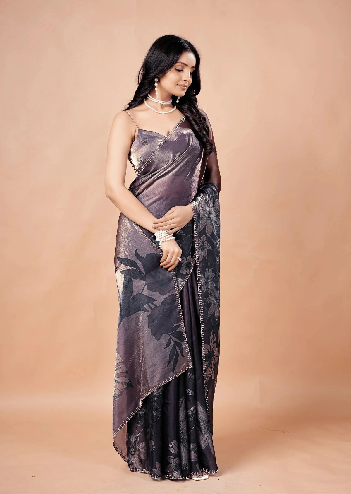 Smoky Purple Organza Silk Saree With Metallic Floral Print