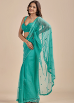 Sea Green Chiffon Saree With Floral Embroidery