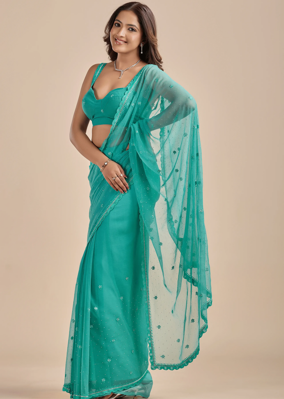 Sea Green Chiffon Saree With Floral Embroidery