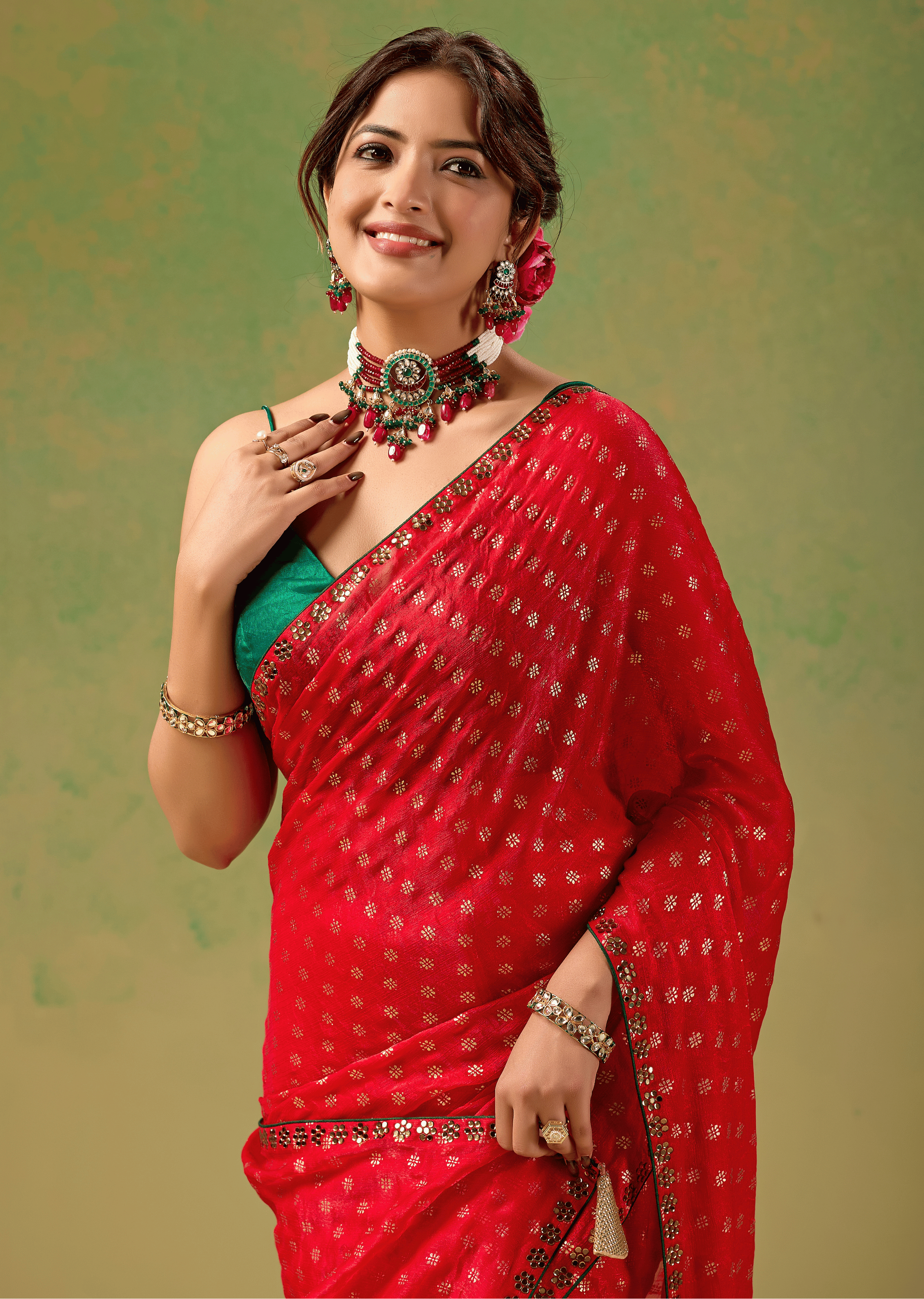 Red Tissue Silk Saree With Foil Butti Print