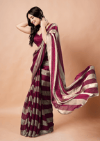 Wine Tissue Silk Saree With Metallic Stripe Work
