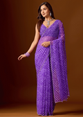 Royal Purple Chiffon Saree With Stone Work - Front Look | Buy Online Ethnic9