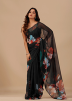 Black Soft Organza Saree With Floral Print - Front Look | Buy Online Ethnic9