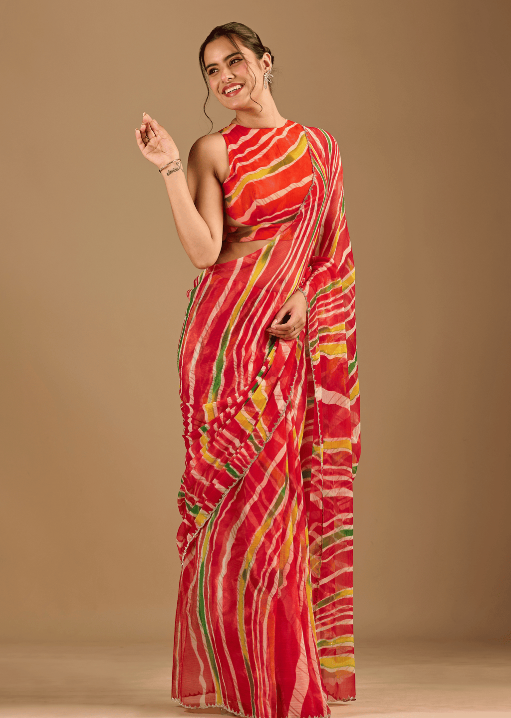 Red Chiffon Saree With Stone Work