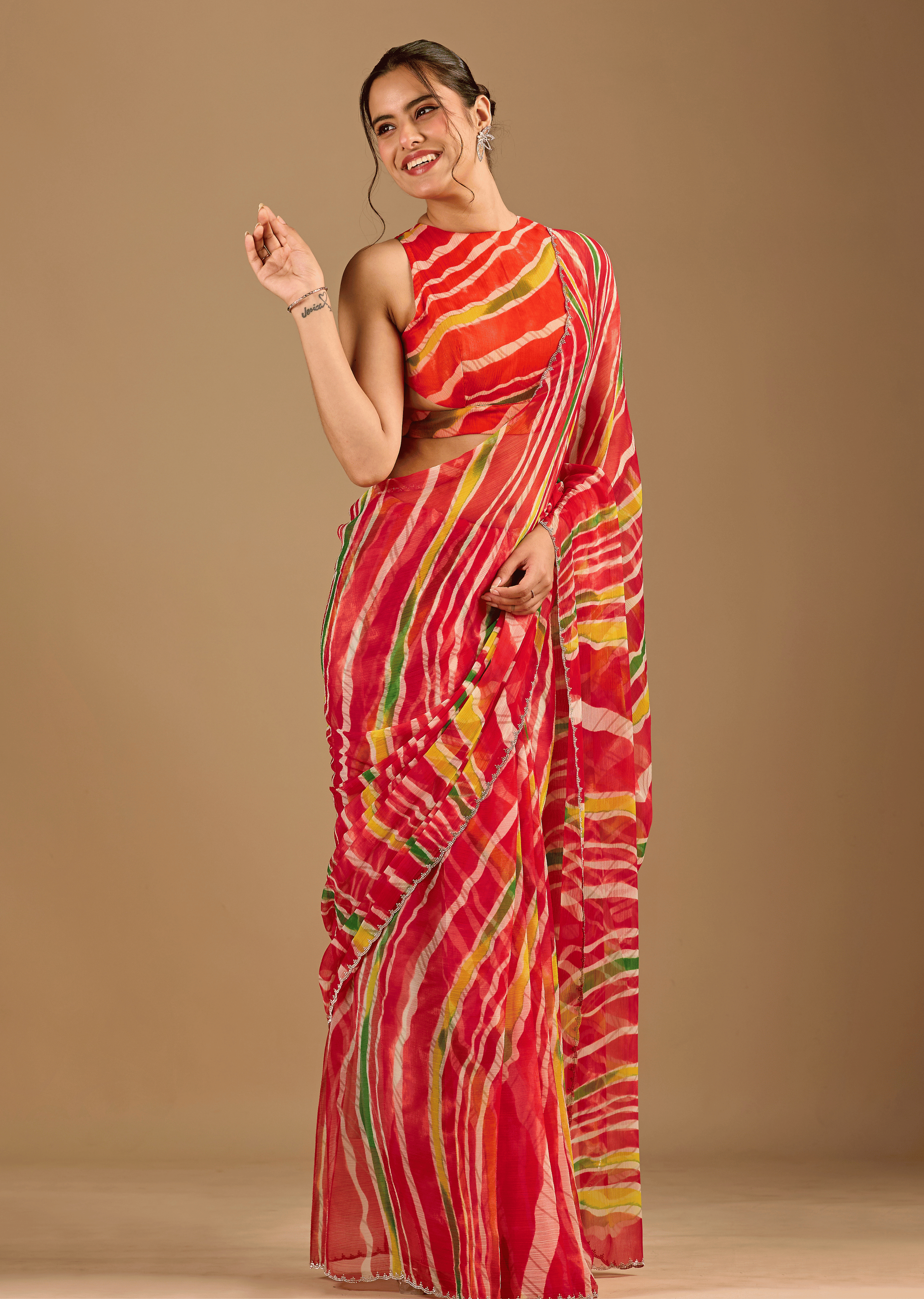 Red Chiffon Saree With Stone Work