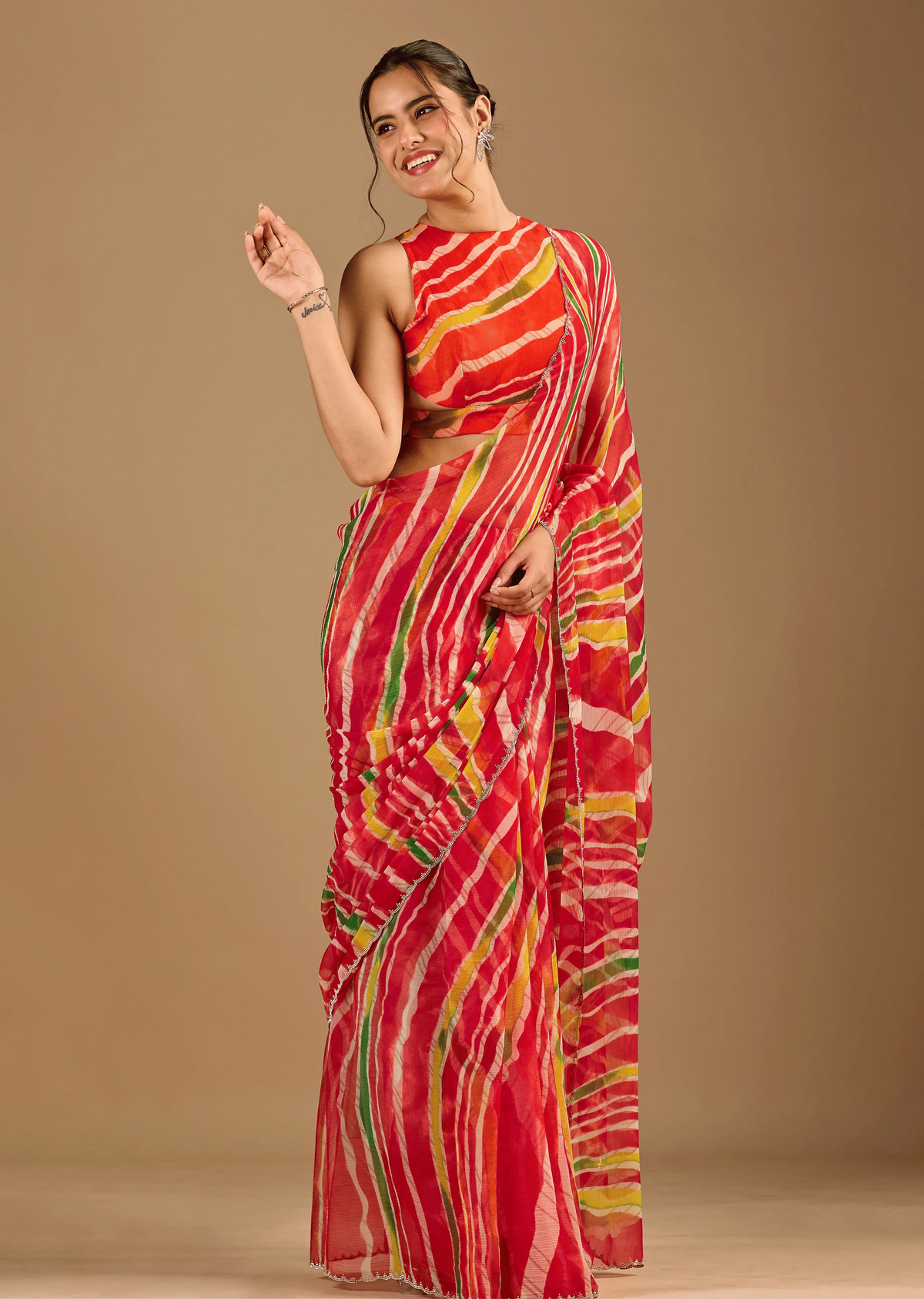 Red Chiffon Saree Draped Look - Leheriya Print Design