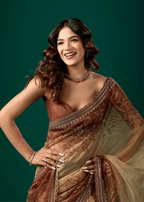 Coffee Brown Organza Saree With Floral Print
