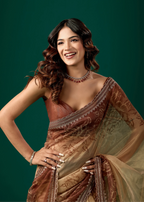 Coffee Brown Organza Saree Side Pose - Festive Wear Saree