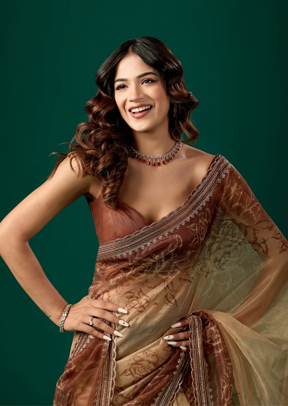 Coffee Brown Organza Saree Side Pose - Festive Wear Saree