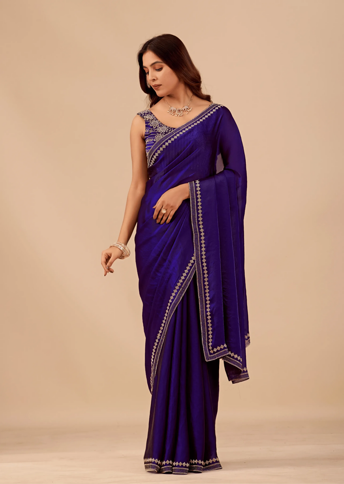 Midnight Blue Tissue Silk Saree With Crystal Border Work
