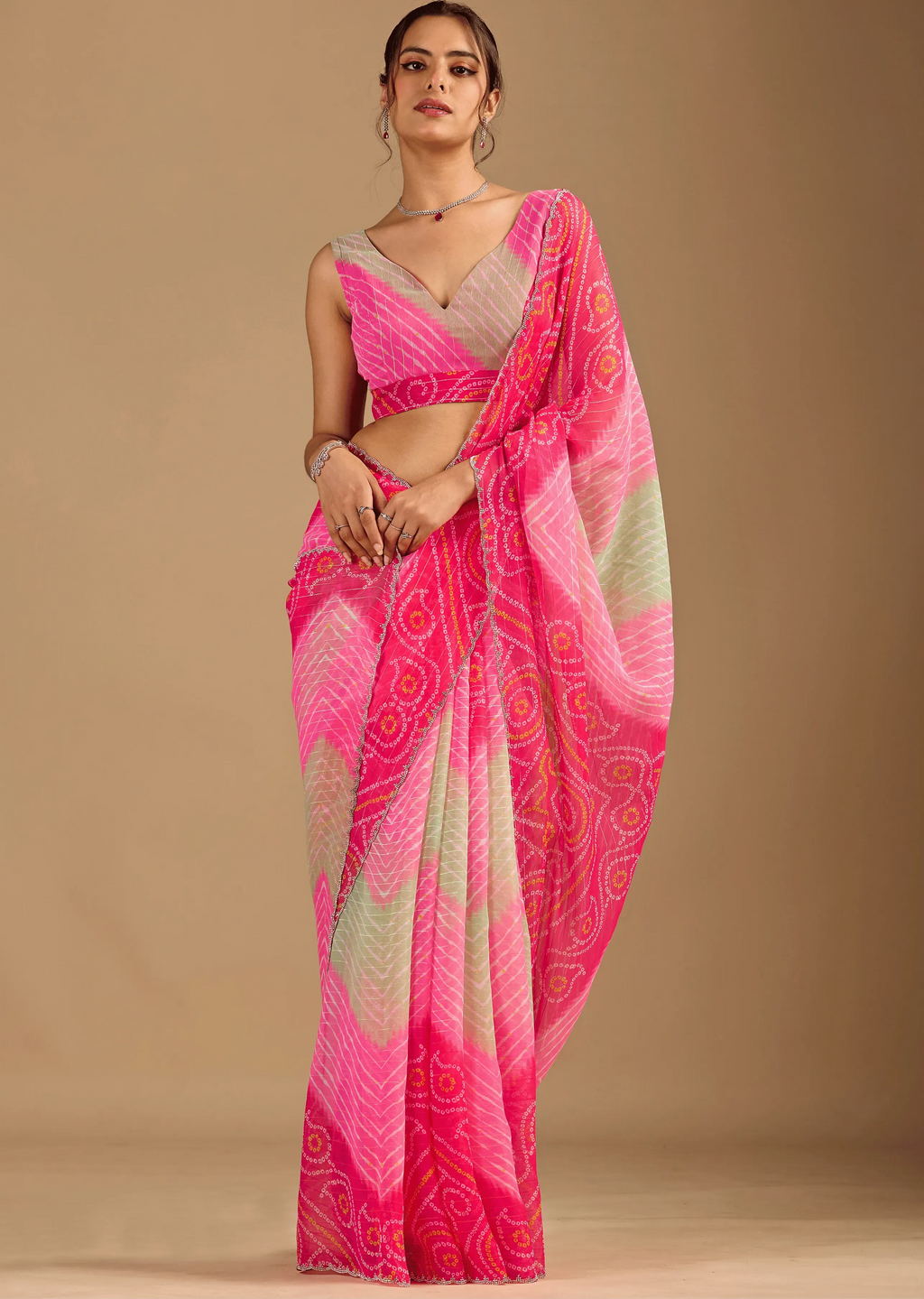 Red Chiffon Saree Blouse Close Up - Stone Work Detailing
