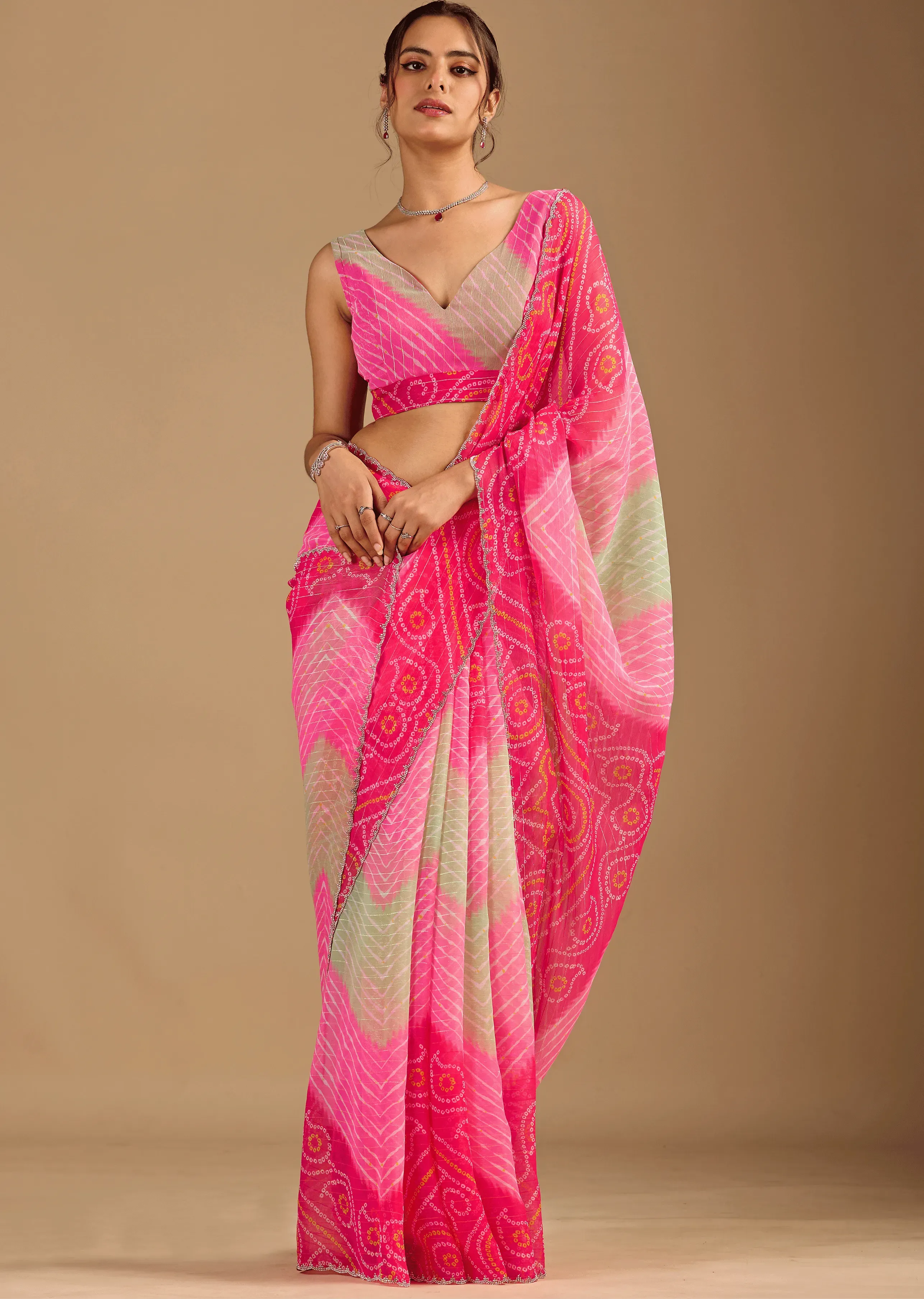 Red Chiffon Saree Blouse Close Up - Stone Work Detailing