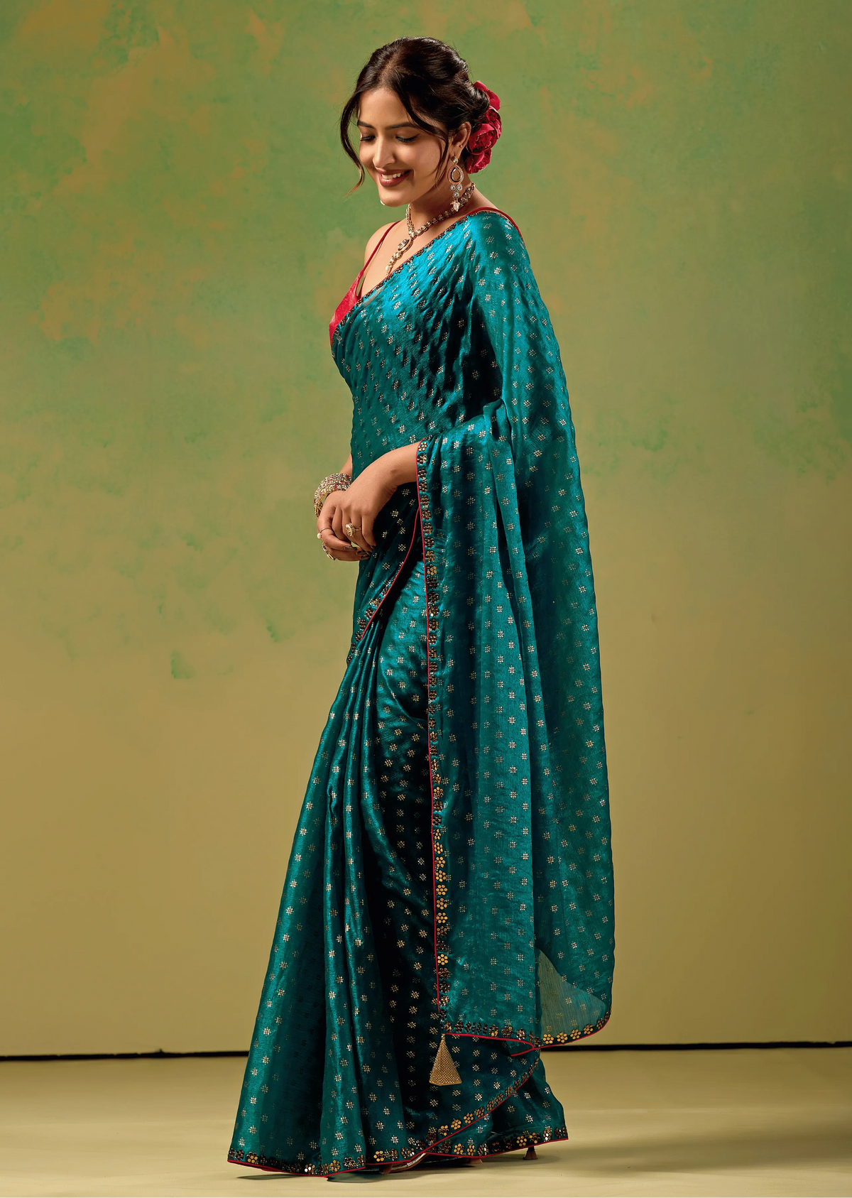 Teal Blue Tissue Silk Saree With Foil Butti Print - Front Look | Buy On Ethnic9
