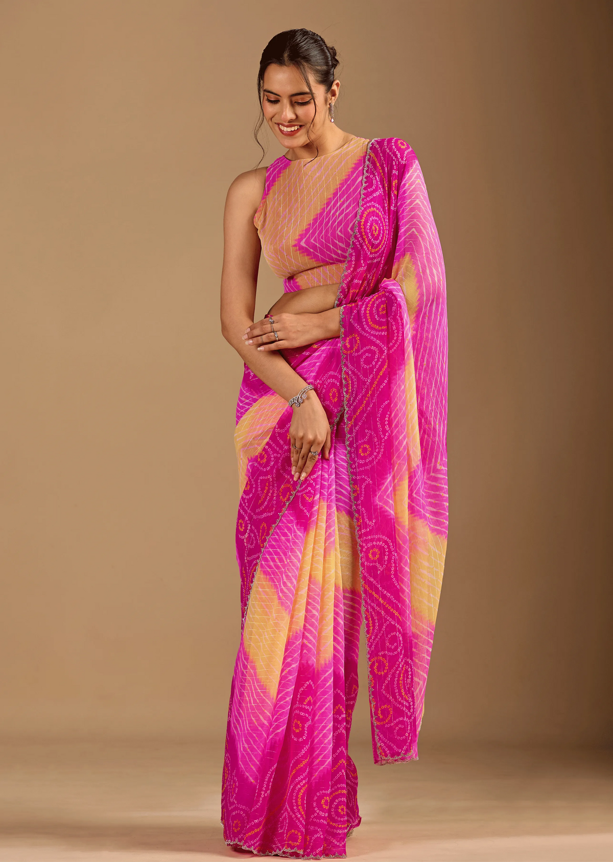 Rani Pink Chiffon Saree Blouse Close Up - Stone Work Detailing