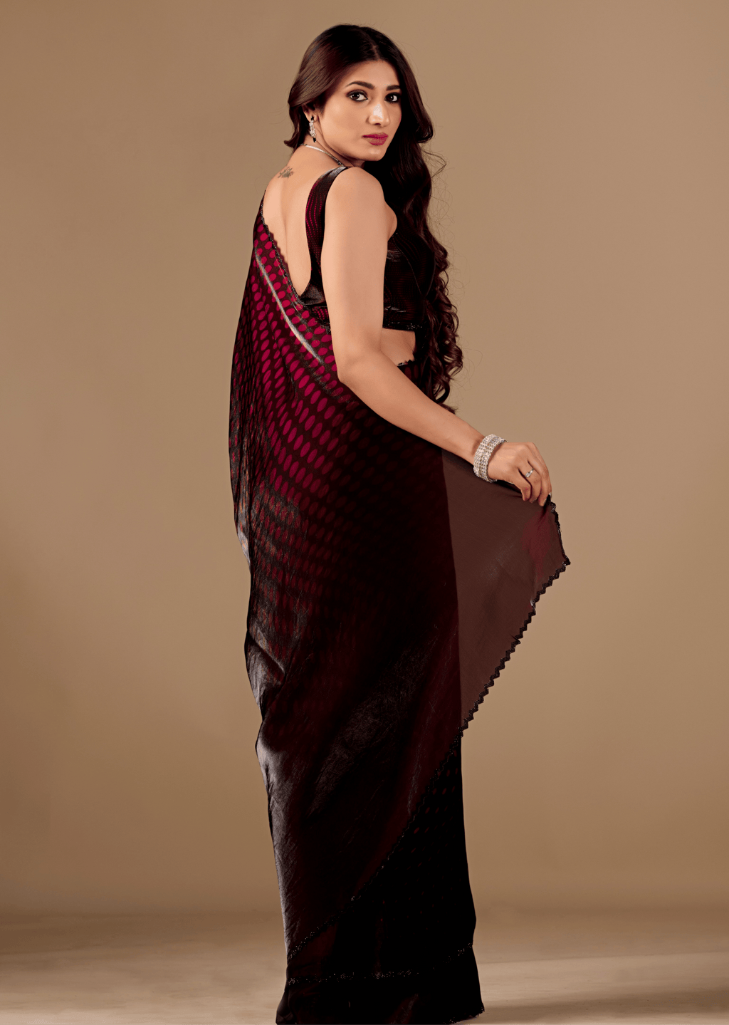 Wine Purple Organza Silk Saree With Stone Work Border