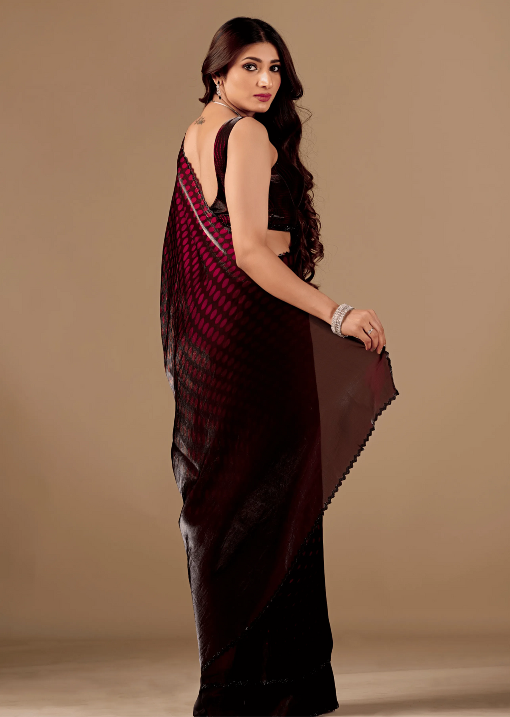 Wine Purple Organza Silk Saree Standing Look - Festive Wear Saree