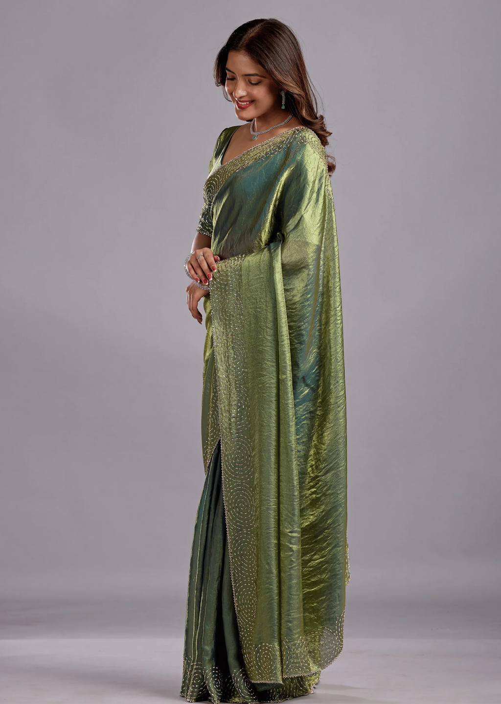 Olive Green Tissue Silk Saree With Crystal Spiral Work