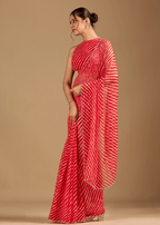 Coral Red Chiffon Saree With Stone Work - Photo 4 | Buy Online Ethnic9