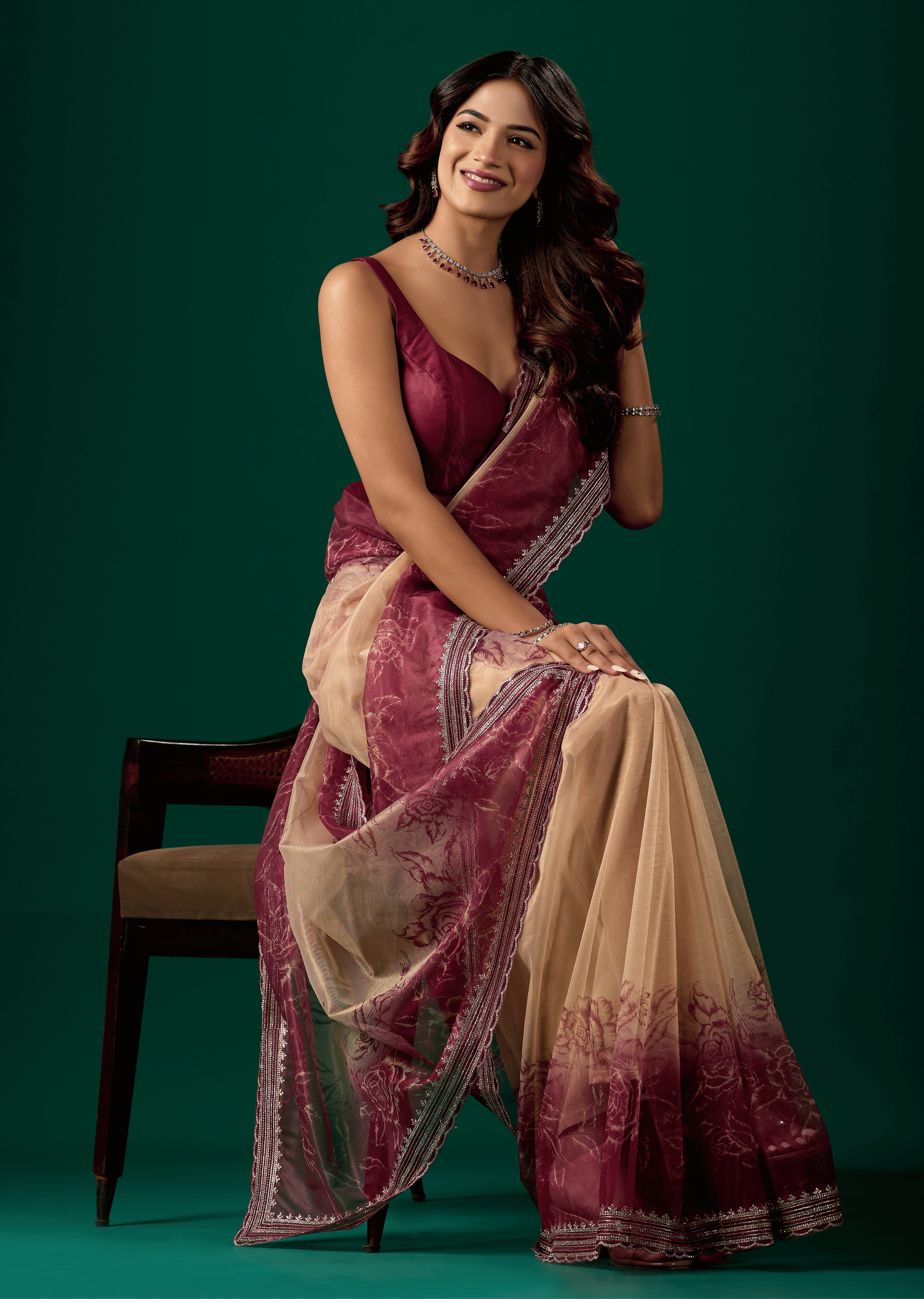 Maroon Organza Saree With Floral Print