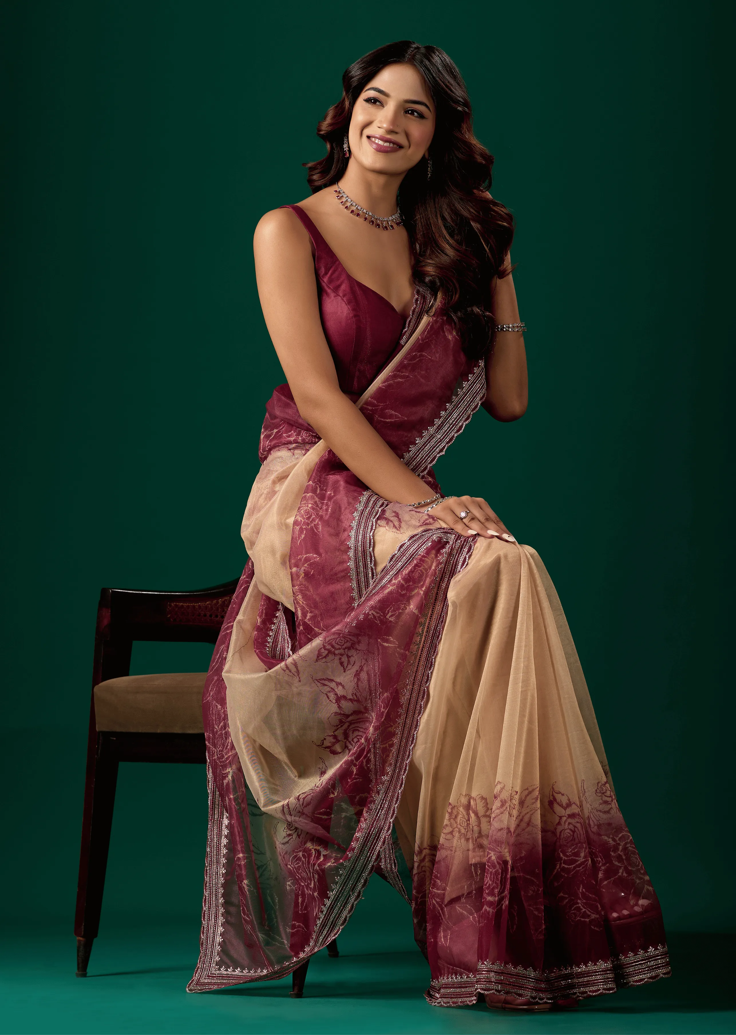 Maroon Organza Saree Blouse Close Up - Embellished Border Detail