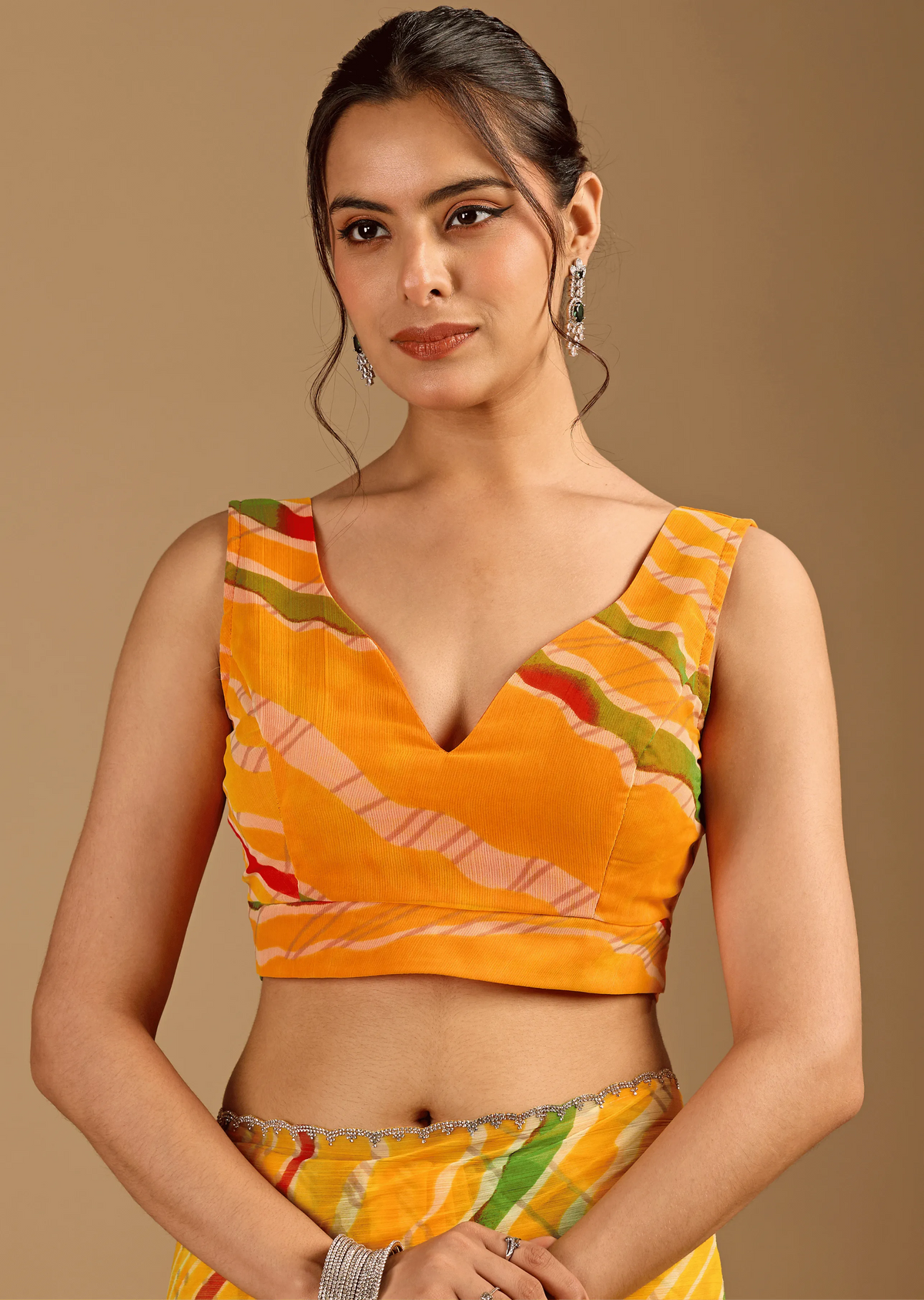 Mustard Yellow Chiffon Saree Blouse Close Up - Stone Work Detailing