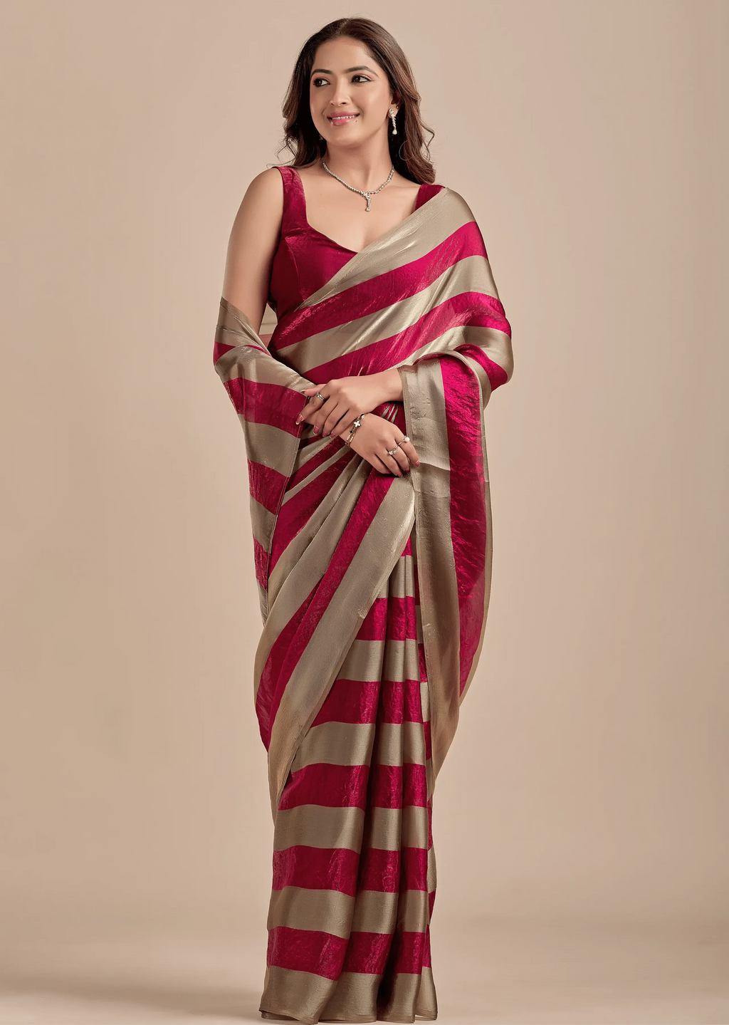 Berry Wine Tissue Silk Saree With Metallic Stripe Weave