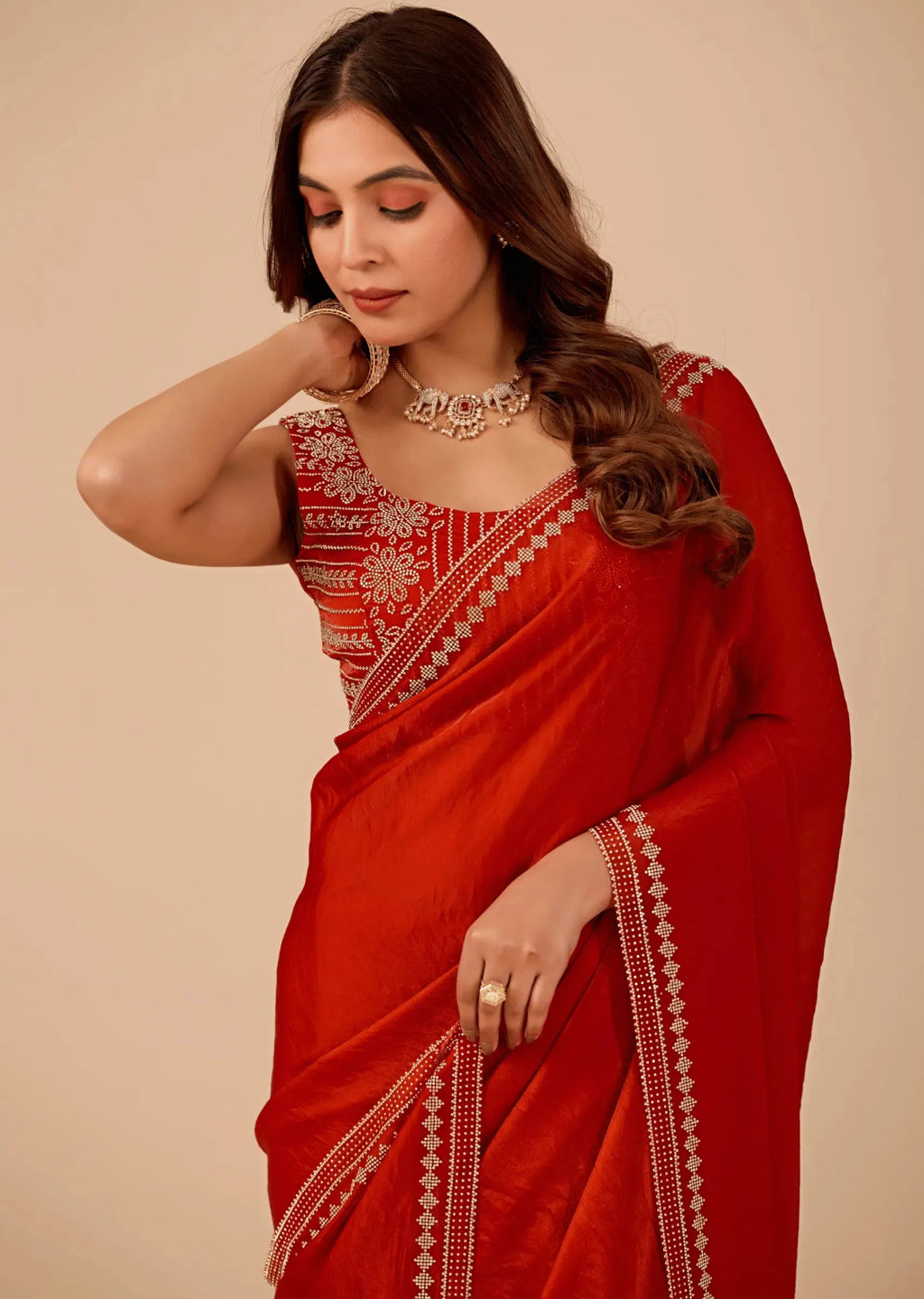 Crimson Red Tissue Silk Saree With Diamond Border Work