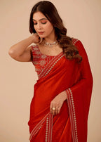 Crimson Red Tissue Silk Saree With Diamond Border Work
