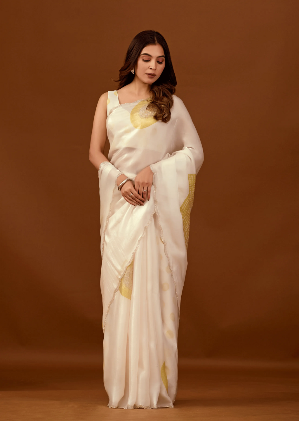 Ivory Organza Silk Saree With Stone Work - Front Look | Buy On Ethnic9
