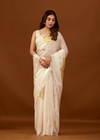 Ivory Organza Silk Saree With Stone Work - Front Look | Buy On Ethnic9