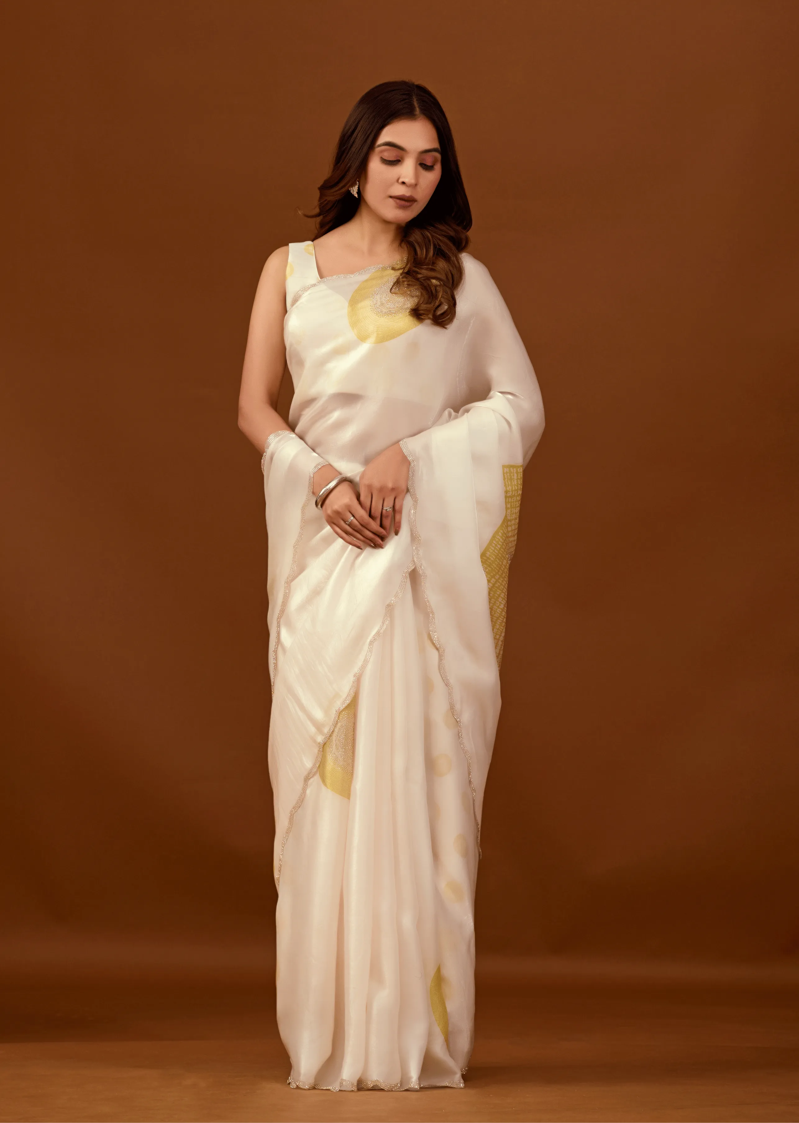 Ivory Organza Silk Saree With Stone Work - Front Look | Buy On Ethnic9