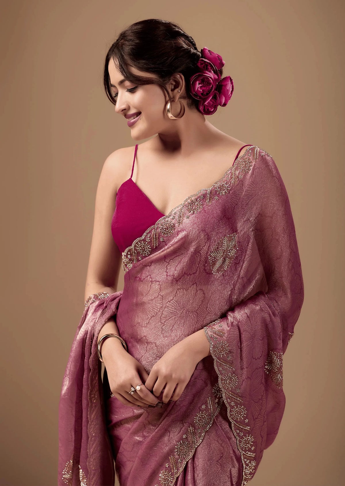 Rose Pink Jacquard Saree With Handcrafted Stone Border