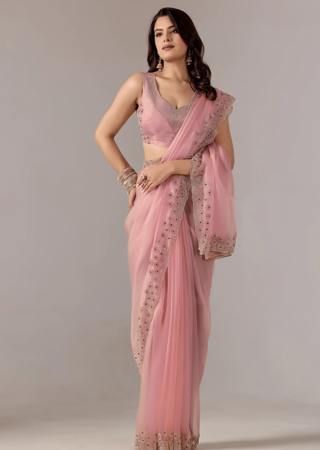 Baby Pink Tissue Saree Standing Look - Party Wear Saree