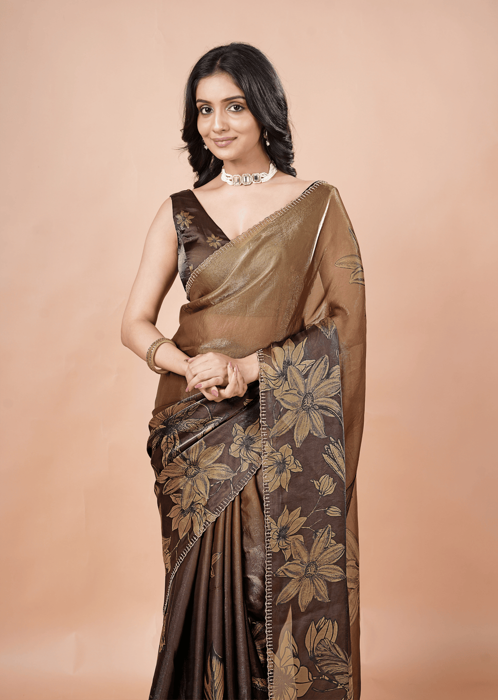 Coffee Brown Organza Silk Saree With Oversized Floral Print