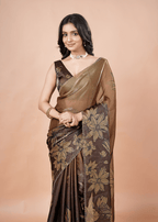 Coffee Brown Organza Silk Saree With Oversized Floral Print