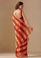 Copper Rust Tissue Silk Saree With Metallic Stripe Weave