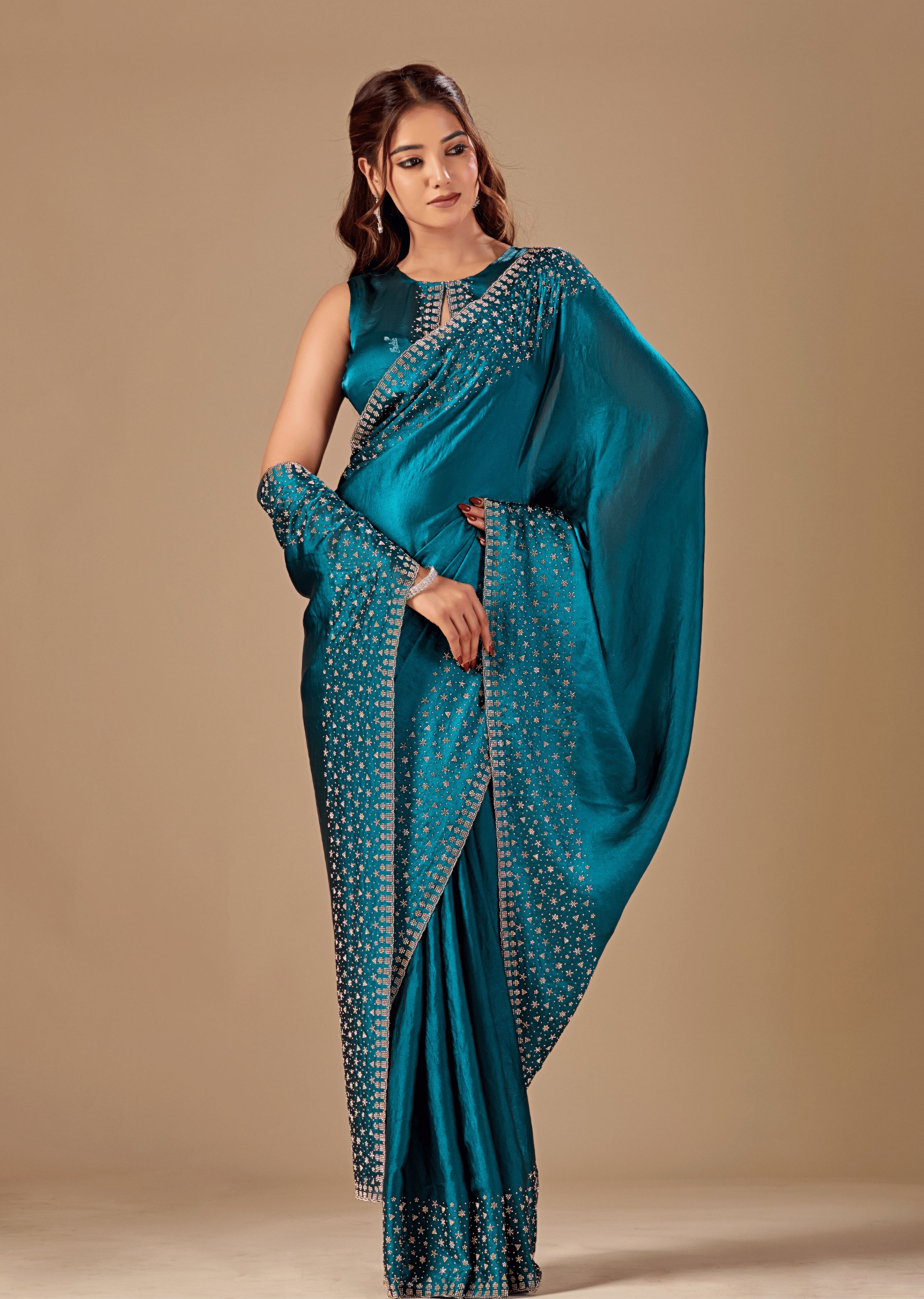 Teal Blue Tissue Silk Saree With Stone Work