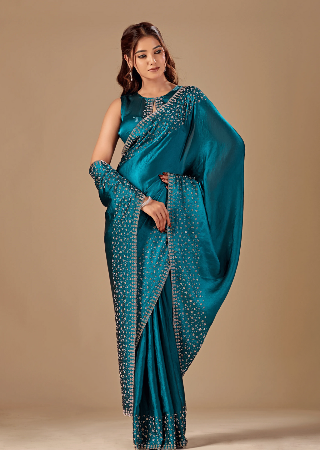 Teal Blue Tissue Silk Saree With Stone Work - Front Look | Buy On Ethnic9