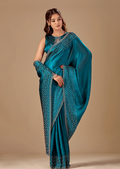 Teal Blue Tissue Silk Saree With Stone Work - Front Look | Buy On Ethnic9