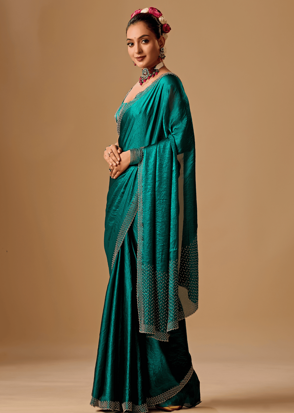 Emerald Green Tissue Silk Saree With Crystal Stone Border