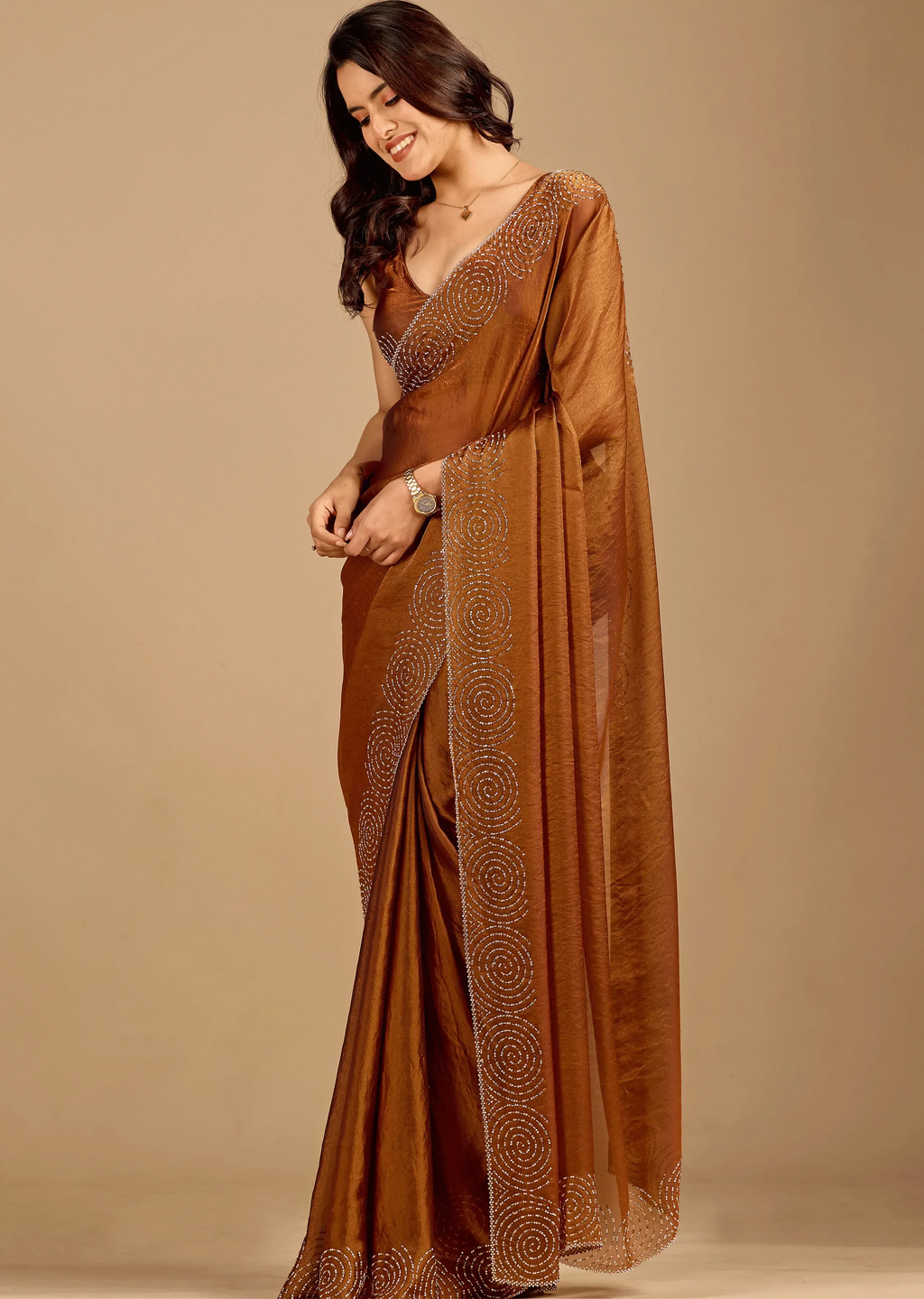 Copper saree with stone spiral border - full length back view