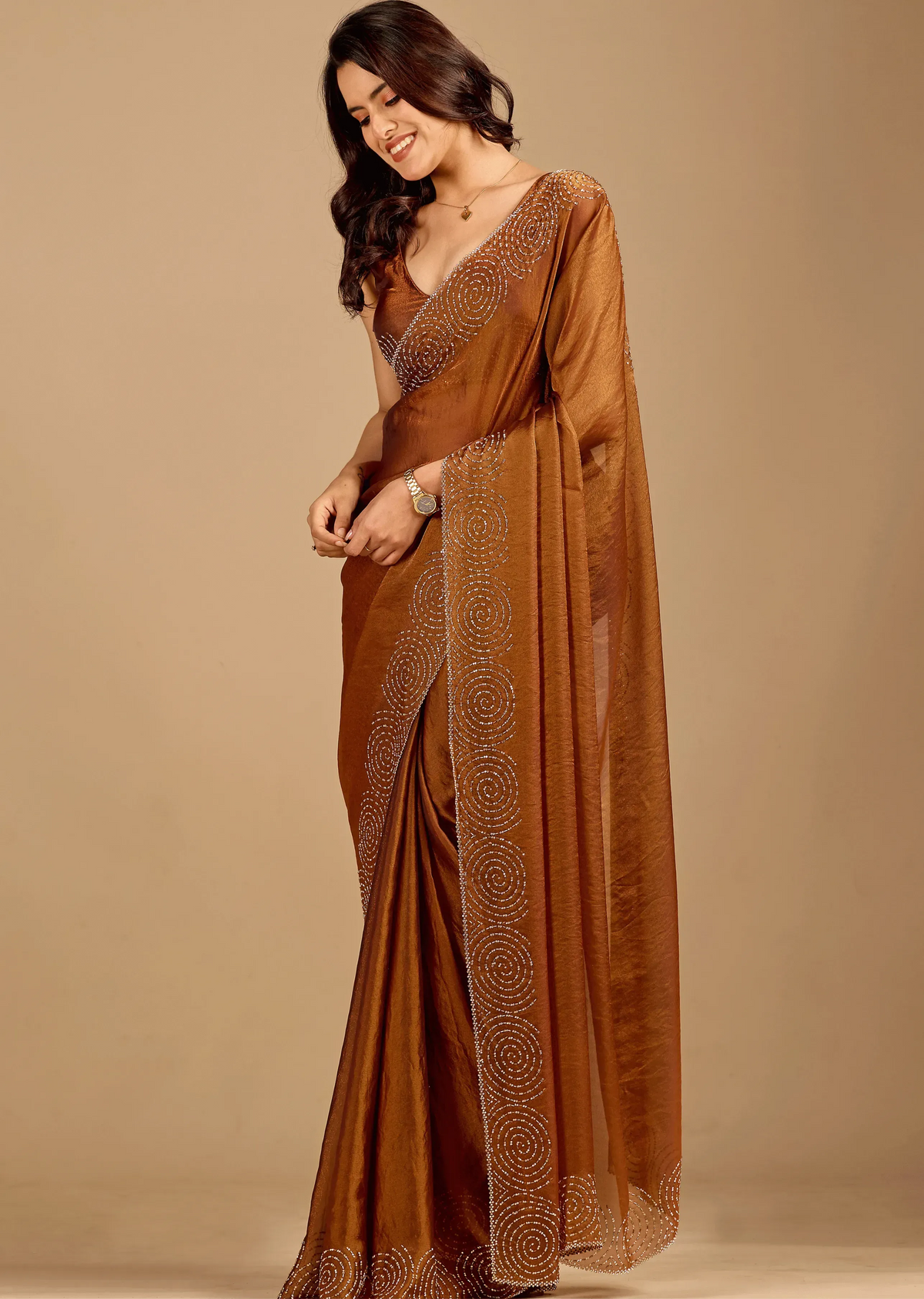 Copper saree with stone spiral border - full length back view
