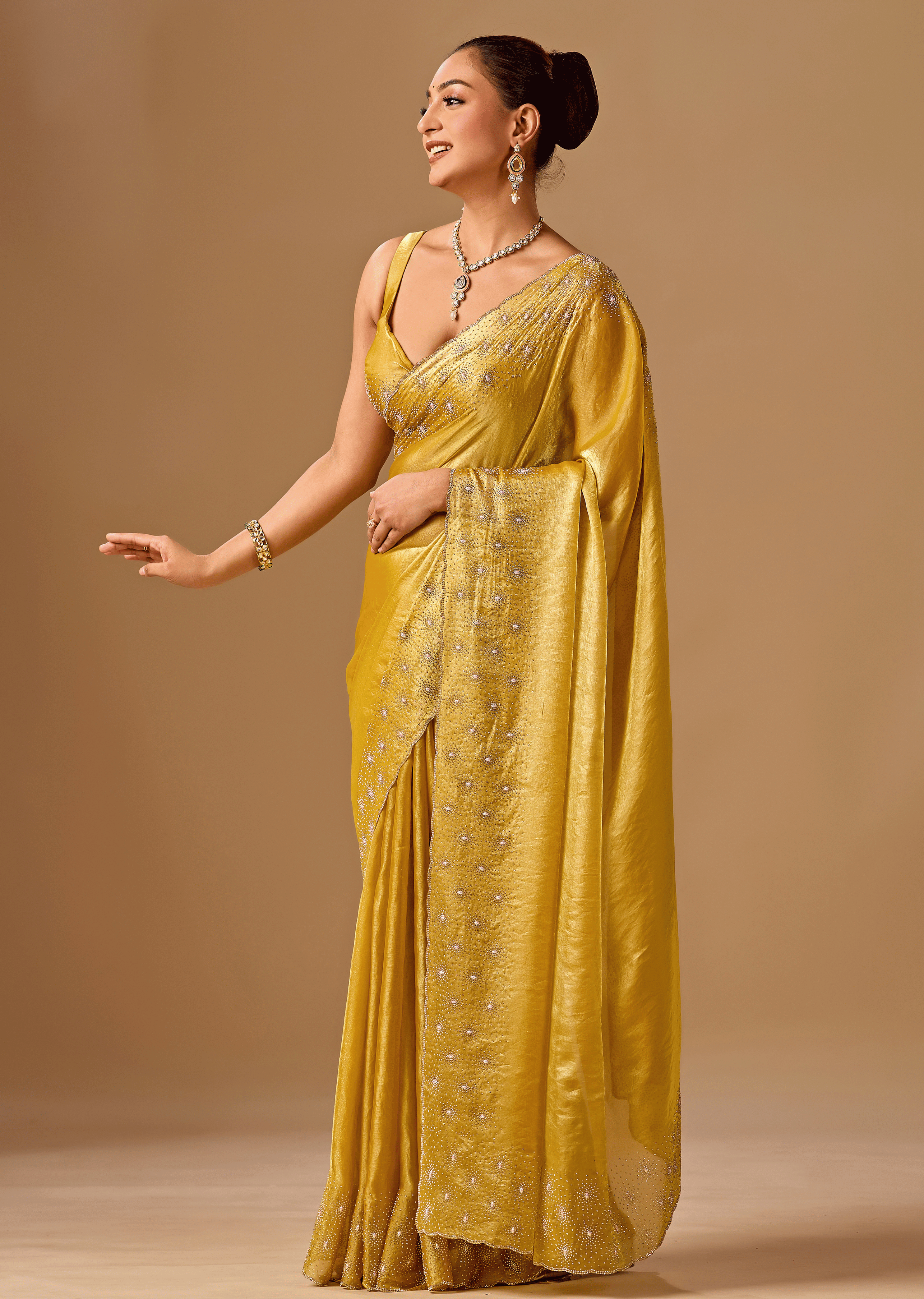 Golden Mustard Tissue Silk Saree With Crystal Stone Border